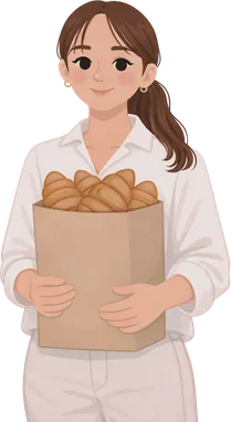 Ilustración de Sofía con una bolsa de croissants