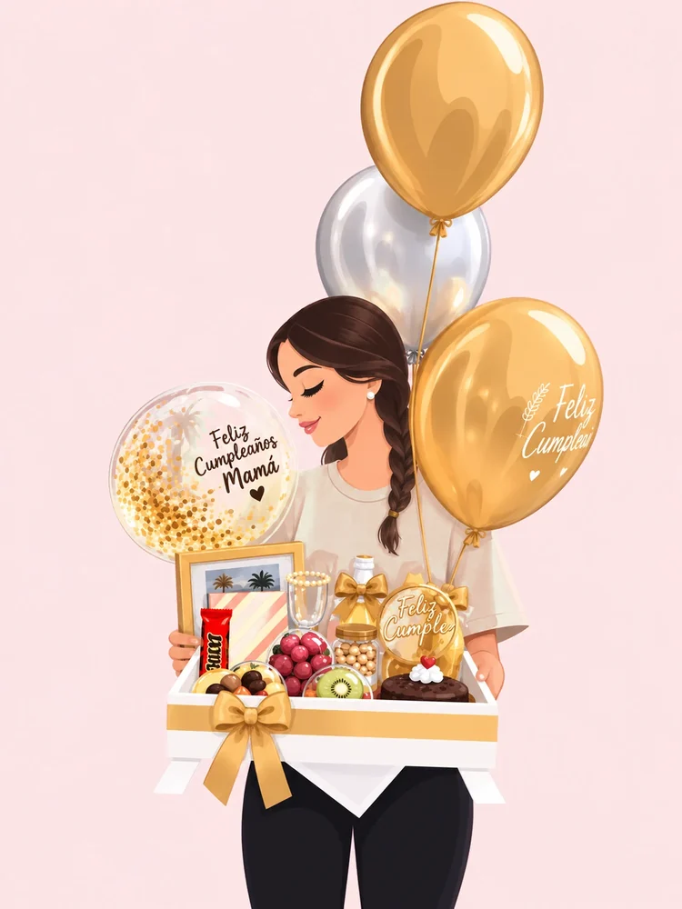 Ilustración de una mujer con un desayuno sorpresa y globos dorados